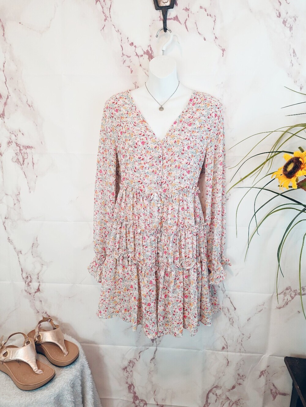 Dress Forum LA Floral Tiered Boho Fully Lined Cottagecore Pink Dress L - Picture 2 of 6